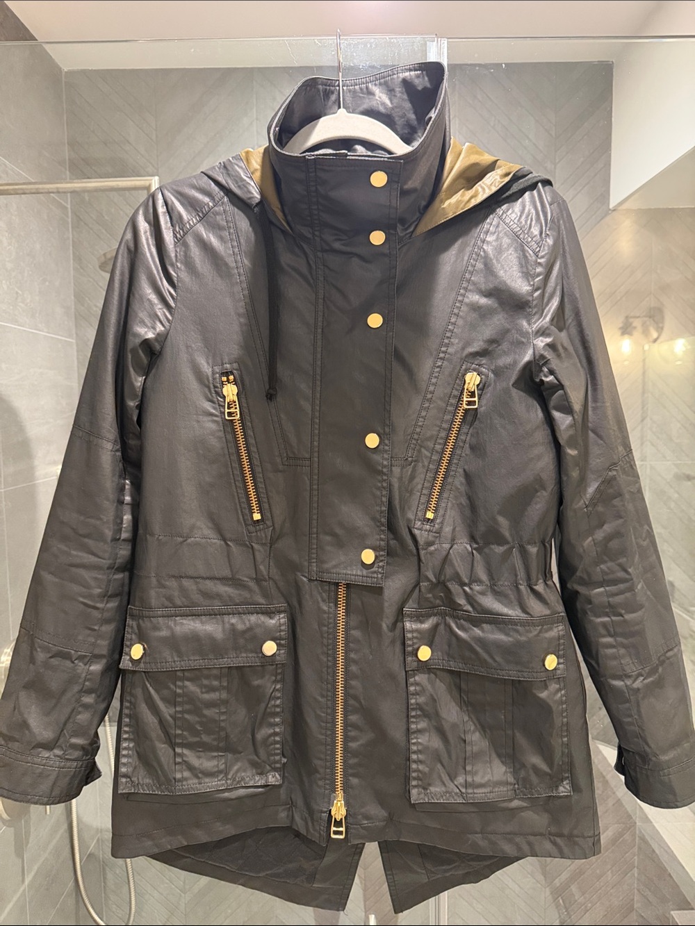 Veronica Beard Black Hooded Rain Jacket with Gold Hardware